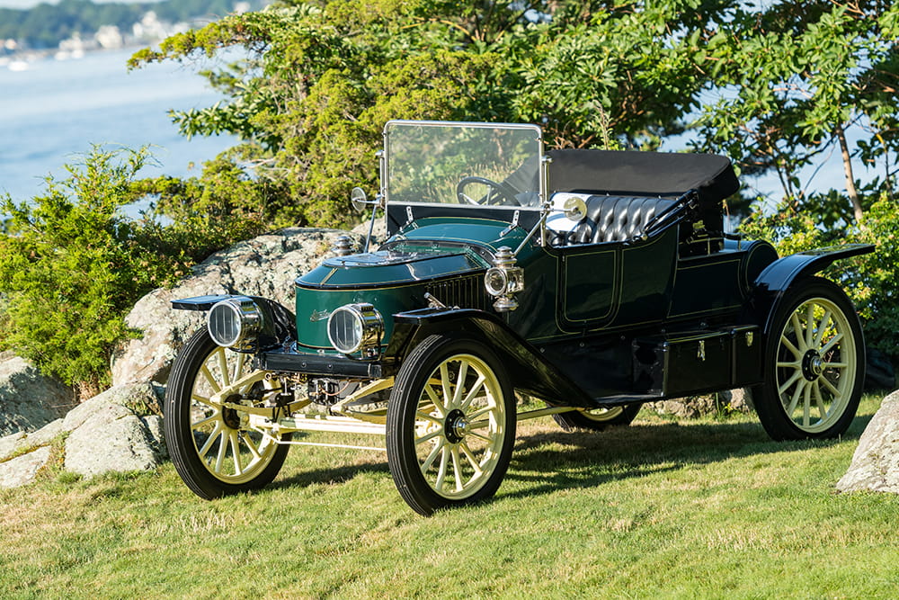 Green car on display at Concours on Misselwood back lawn 