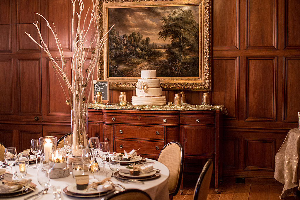 Wedding decor and guest table inside Misselwood house Oak Room